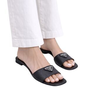 Prada Saffiano Triangle Logo Plaque Slide Flat Sandal Black Size 36.5